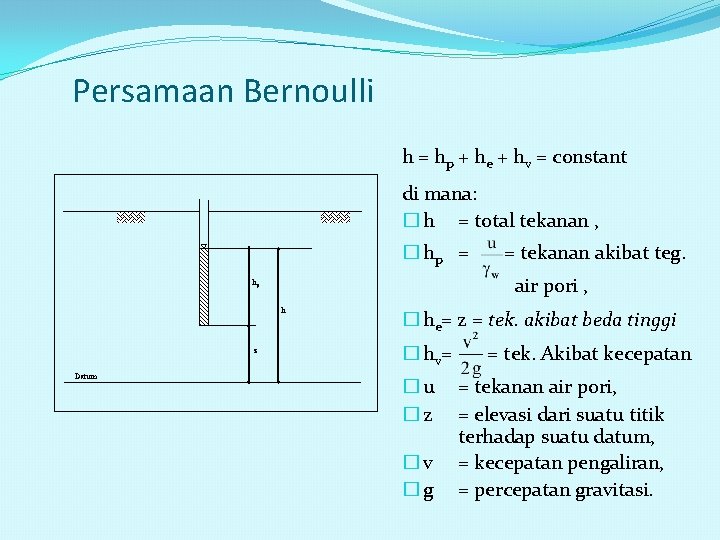 Persamaan Bernoulli h = hp + he + hv = constant di mana: �