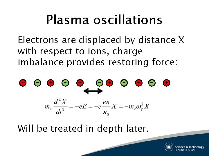Plasma oscillations Electrons are displaced by distance X with respect to ions, charge imbalance