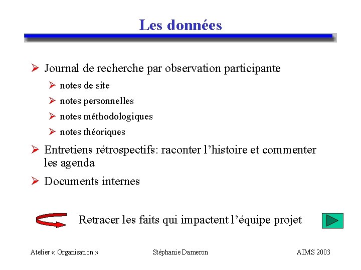 Les données Ø Journal de recherche par observation participante Ø notes de site Ø