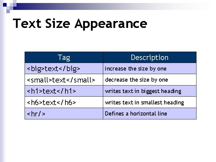 Text Size Appearance Tag <big>text</big> Description increase the size by one <small>text</small> decrease the Text Size Appearance Tag <big>text</big> Description increase the size by one <small>text</small> decrease the