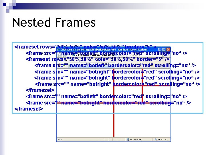 Nested Frames <frameset rows="50%, 50%" cols="50%, 50%" border="5" > <frame src="" name="topleft" bordercolor="red" scrolling="no“