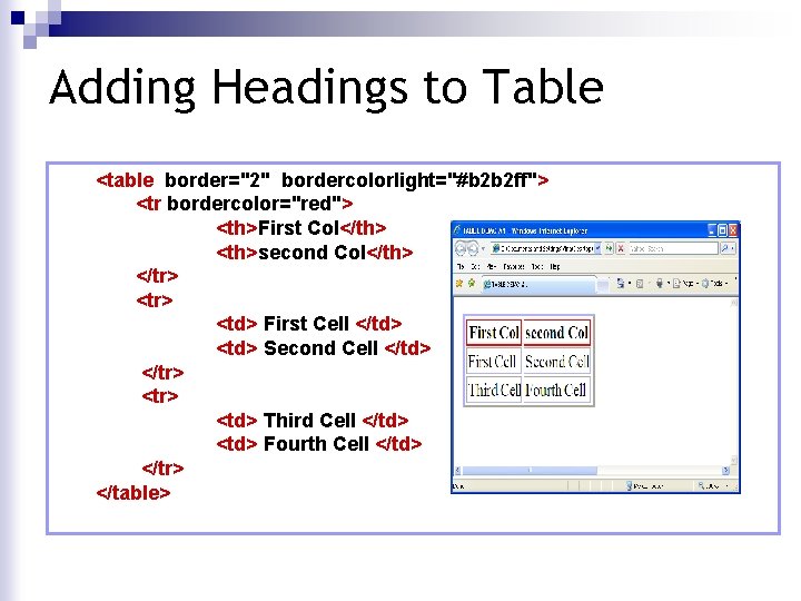 Adding Headings to Table <table border="2" bordercolorlight="#b 2 b 2 ff"> <tr bordercolor="red"> <th>First