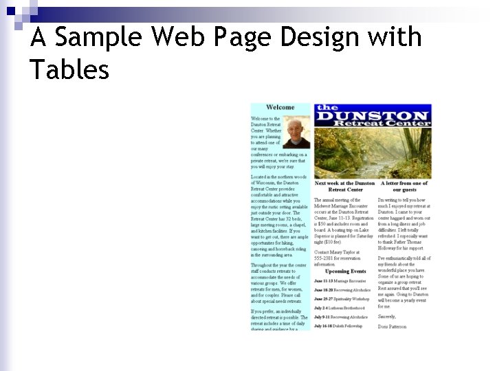 A Sample Web Page Design with Tables A Sample Web Page Design with Tables