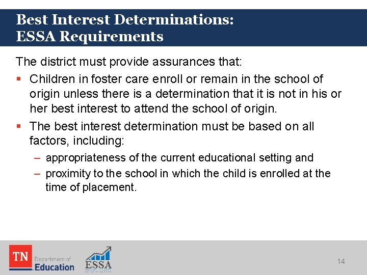 Best Interest Determinations: ESSA Requirements The district must provide assurances that: § Children in