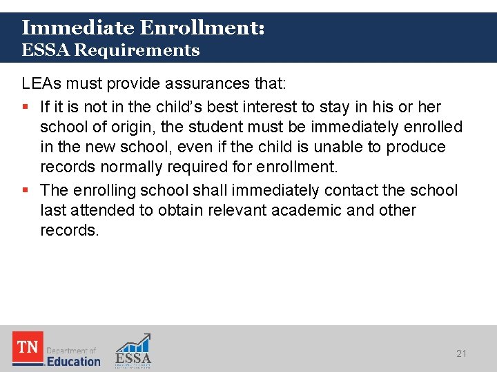 Immediate Enrollment: ESSA Requirements LEAs must provide assurances that: § If it is not