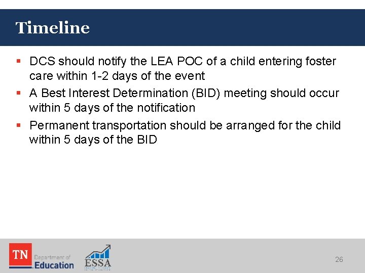 Timeline § DCS should notify the LEA POC of a child entering foster care