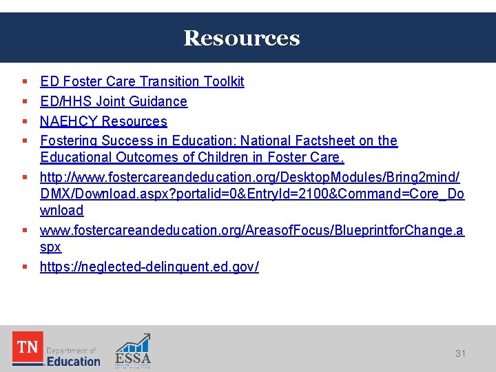 Resources § § ED Foster Care Transition Toolkit ED/HHS Joint Guidance NAEHCY Resources Fostering
