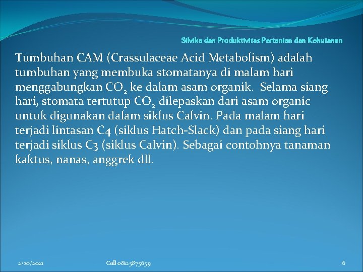 Silvika dan Produktivitas Pertanian dan Kehutanan Tumbuhan CAM (Crassulaceae Acid Metabolism) adalah tumbuhan yang