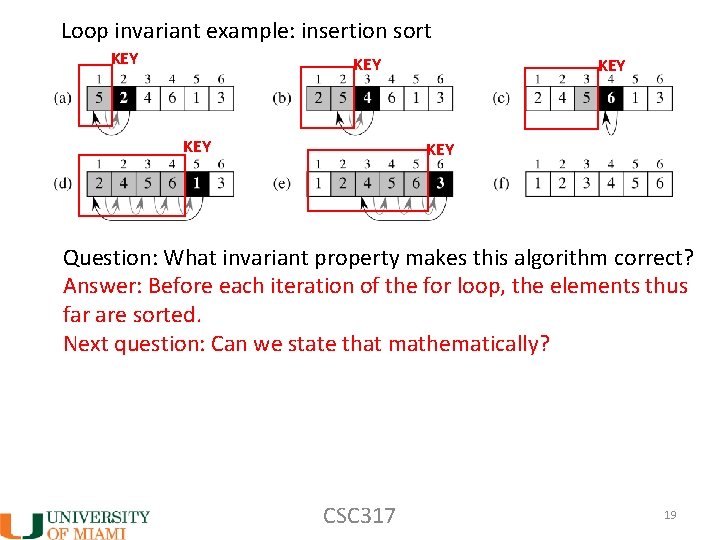 Loop invariant example: insertion sort KEY KEY KEY Question: What invariant property makes this