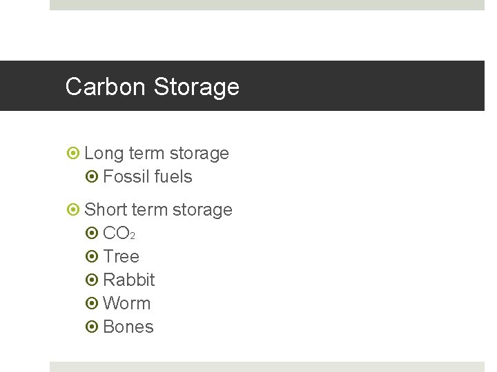 Carbon Storage Long term storage Fossil fuels Short term storage CO 2 Tree Rabbit