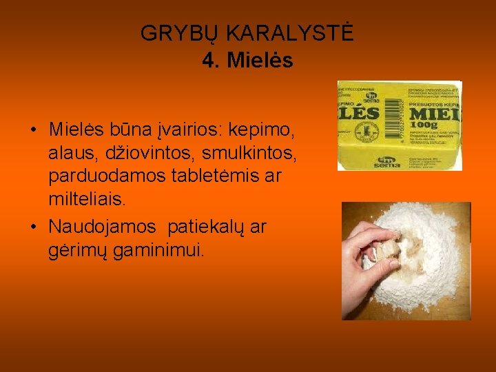 GRYBŲ KARALYSTĖ 4. Mielės • Mielės būna įvairios: kepimo, alaus, džiovintos, smulkintos, parduodamos tabletėmis GRYBŲ KARALYSTĖ 4. Mielės • Mielės būna įvairios: kepimo, alaus, džiovintos, smulkintos, parduodamos tabletėmis