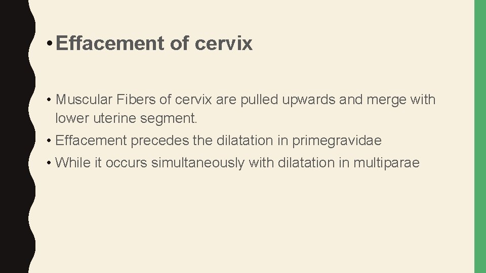  • Effacement of cervix • Muscular Fibers of cervix are pulled upwards and