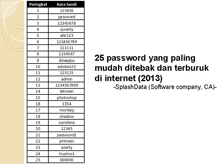 25 password yang paling mudah ditebak dan terburuk di internet (2013) -Splash. Data (Software