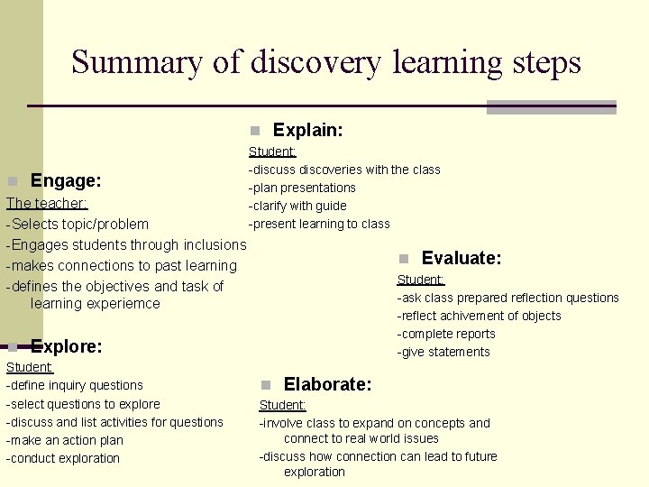 Summary of discovery learning steps n Explain: n Engage: The teacher: -Selects topic/problem -Engages