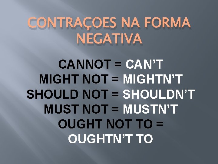 CONTRAÇÕES NA FORMA NEGATIVA CANNOT = CAN’T MIGHT NOT = MIGHTN’T SHOULD NOT = CONTRAÇÕES NA FORMA NEGATIVA CANNOT = CAN’T MIGHT NOT = MIGHTN’T SHOULD NOT =