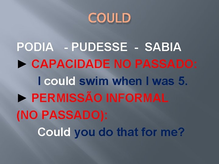 COULD PODIA - PUDESSE - SABIA ► CAPACIDADE NO PASSADO: I could swim when COULD PODIA - PUDESSE - SABIA ► CAPACIDADE NO PASSADO: I could swim when