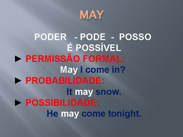MAY PODER - PODE - POSSO É POSSÍVEL ► PERMISSÃO FORMAL: May I come MAY PODER - PODE - POSSO É POSSÍVEL ► PERMISSÃO FORMAL: May I come
