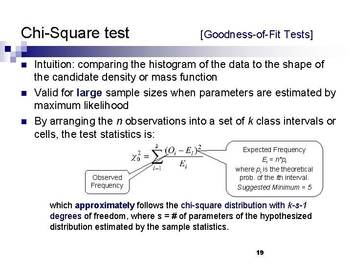 Chi-Square test n n n [Goodness-of-Fit Tests] Intuition: comparing the histogram of the data