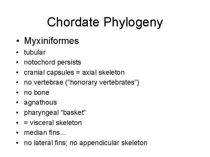 Chordate Phylogeny • Myxiniformes • • • tubular notochord persists cranial capsules = axial