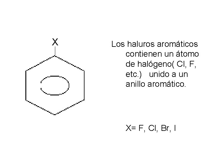 X Los haluros aromáticos contienen un átomo de halógeno( Cl, F, etc. ) unido