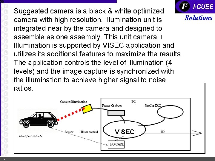 Suggested camera is a black & white optimized Solutions camera with high resolution. Illumination