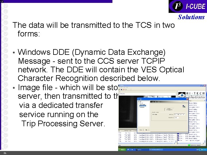 The data will be transmitted to the TCS in two forms: Solutions Windows DDE