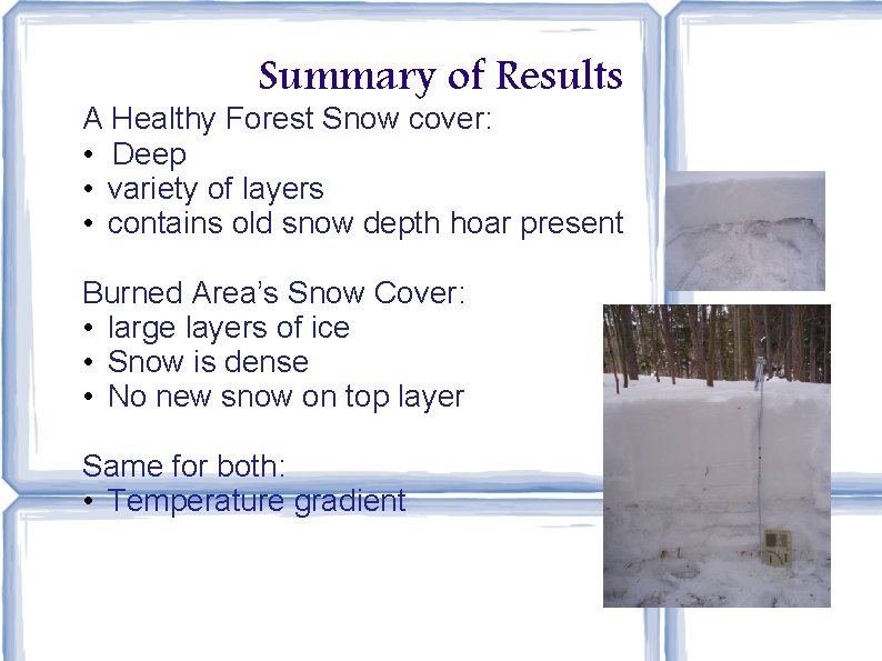 Summary of Results A Healthy Forest Snow cover: • Deep • variety of layers