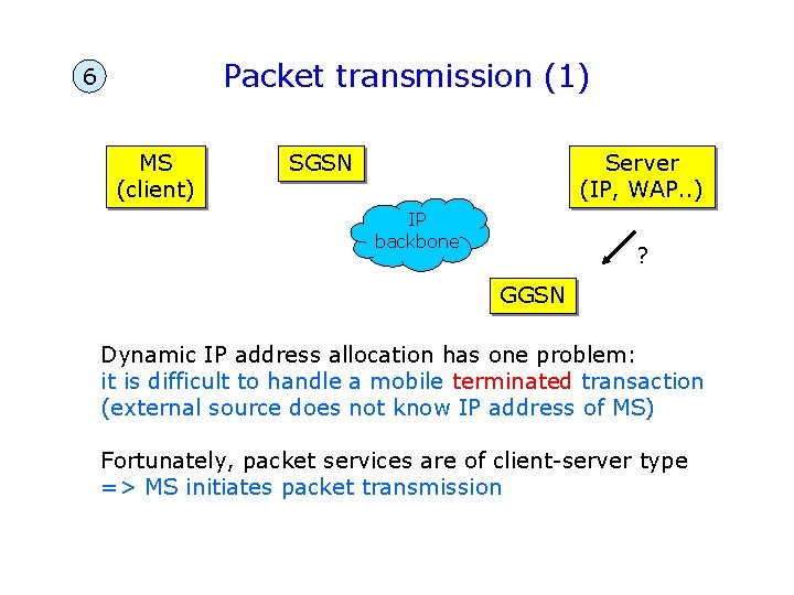 Packet transmission (1) 6 MS (client) SGSN Server (IP, WAP. . ) IP backbone