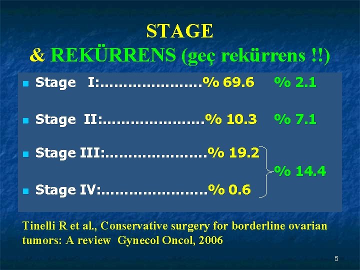 STAGE & REKÜRRENS (geç rekürrens !!) n Stage I: …………………. % 69. 6 %