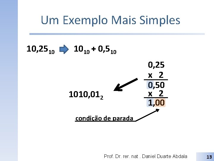 Um Exemplo Mais Simples 10, 2510 1010 + 0, 510 0, 25 x 2