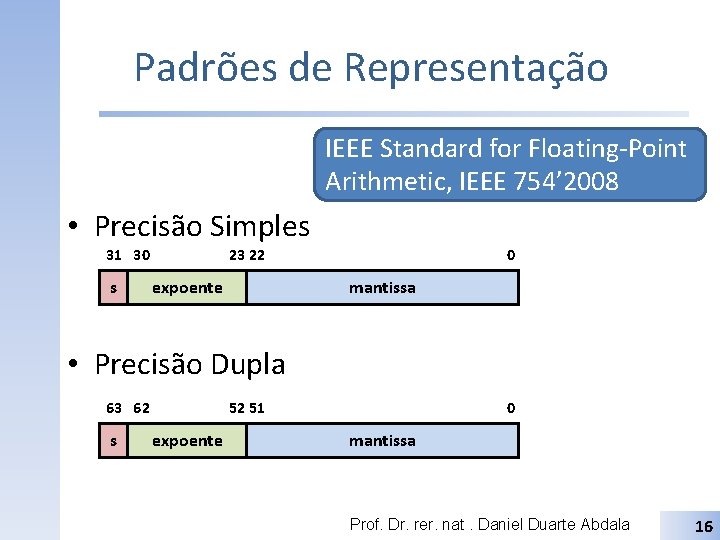 Padrões de Representação IEEE Standard for Floating-Point Arithmetic, IEEE 754’ 2008 • Precisão Simples