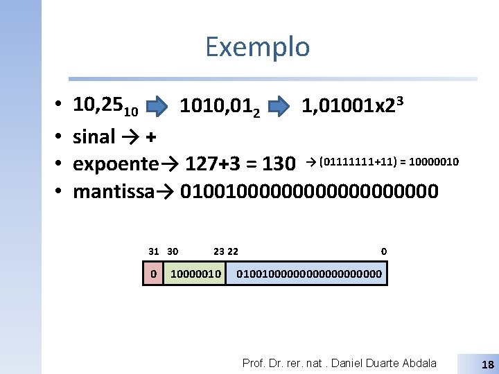 Exemplo • • 10, 2510 1010, 012 1, 01001 x 23 sinal → +