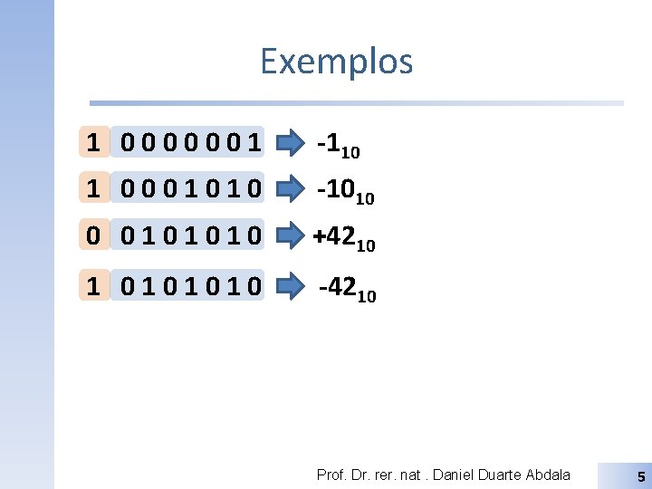 Exemplos 1 0000001 -110 1 0001010 -1010 0 0101010 +4210 1 0101010 -4210 Prof.