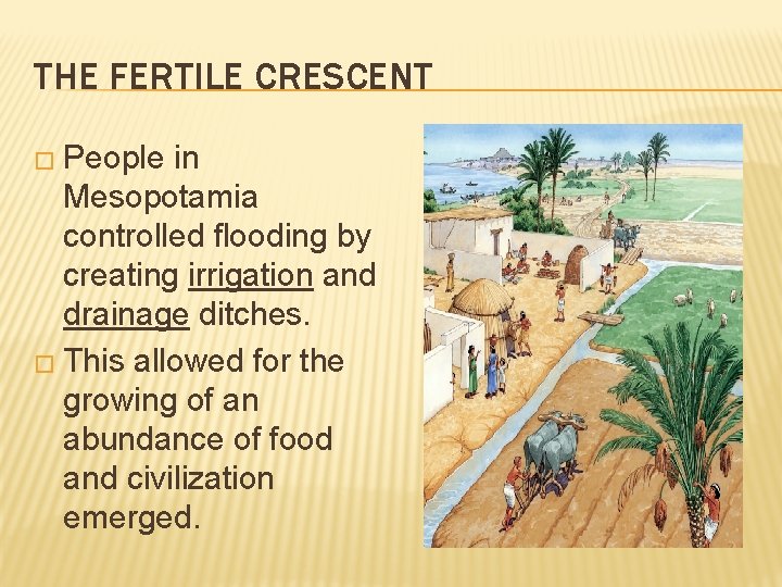 THE FERTILE CRESCENT � People in Mesopotamia controlled flooding by creating irrigation and drainage