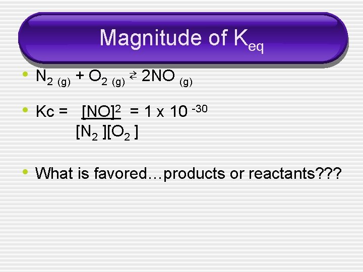 Magnitude of Keq • N 2 (g) + O 2 (g) ⇄ 2 NO