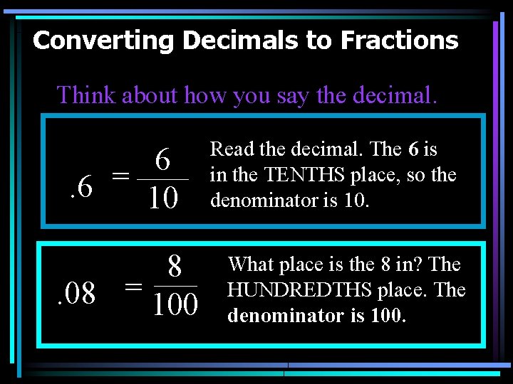 Converting Decimals to Fractions Think about how you say the decimal. 6 =. 6