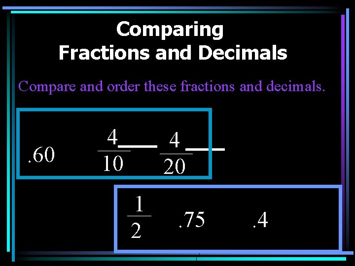 Comparing Fractions and Decimals Compare and order these fractions and decimals. . 60 4