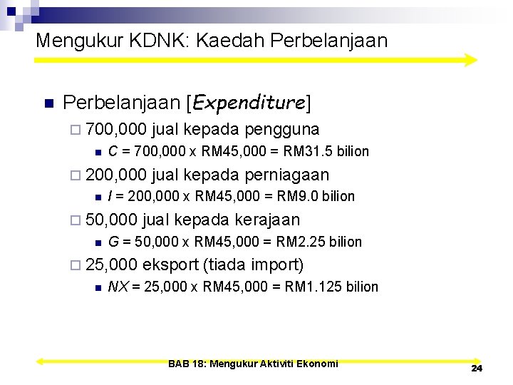 Mengukur KDNK: Kaedah Perbelanjaan n Perbelanjaan [Expenditure] ¨ 700, 000 jual kepada pengguna n