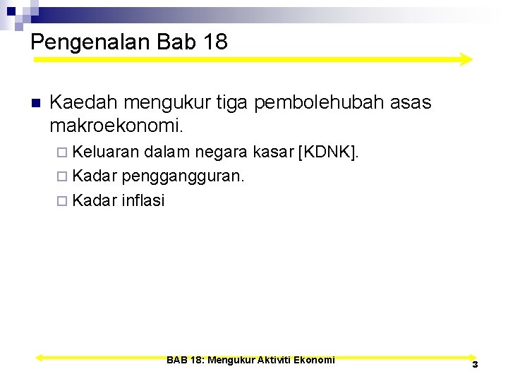 Pengenalan Bab 18 n Kaedah mengukur tiga pembolehubah asas makroekonomi. ¨ Keluaran dalam negara