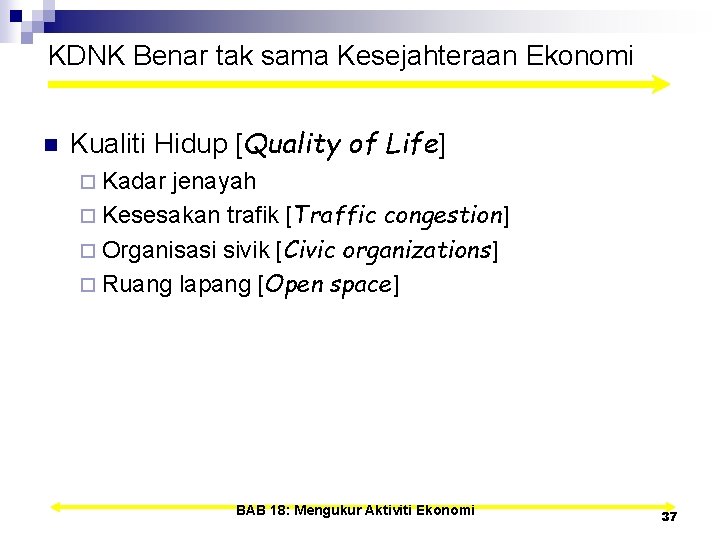 KDNK Benar tak sama Kesejahteraan Ekonomi n Kualiti Hidup [Quality of Life] ¨ Kadar