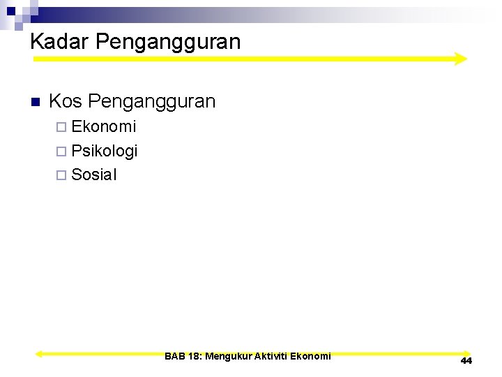 Kadar Pengangguran n Kos Pengangguran ¨ Ekonomi ¨ Psikologi ¨ Sosial BAB 18: Mengukur