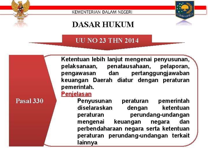 DASAR HUKUM UU NO 23 THN 2014 Pasal 330 Ketentuan lebih lanjut mengenai penyusunan,