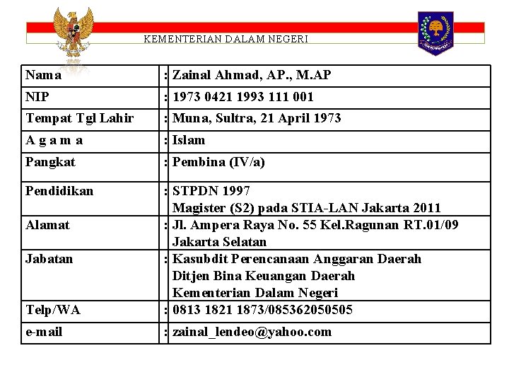 KEMENTERIAN DALAM NEGERI Nama : Zainal Ahmad, AP. , M. AP NIP : 1973