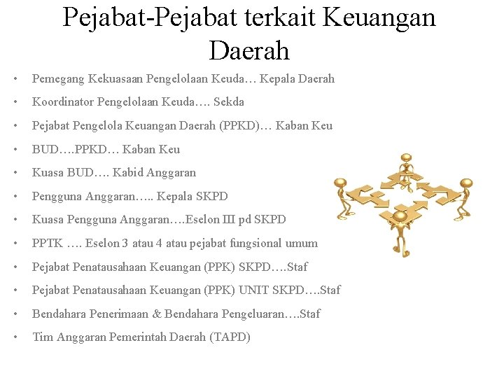 Pejabat-Pejabat terkait Keuangan Daerah • Pemegang Kekuasaan Pengelolaan Keuda… Kepala Daerah • Koordinator Pengelolaan