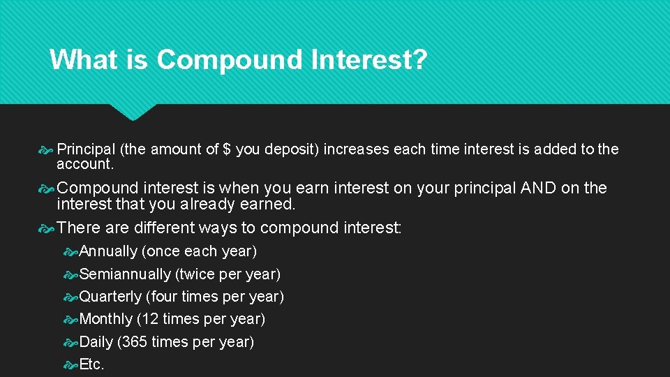 What is Compound Interest? Principal (the amount of $ you deposit) increases each time What is Compound Interest? Principal (the amount of $ you deposit) increases each time