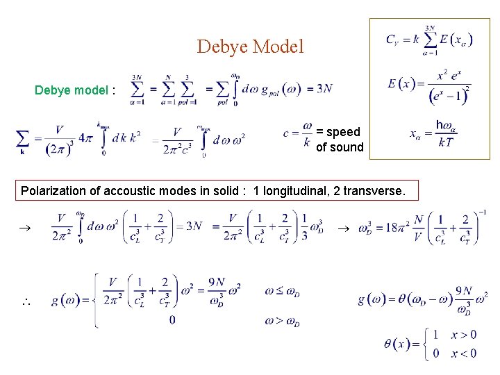 Debye Model Debye model : = speed of sound Polarization of accoustic modes in