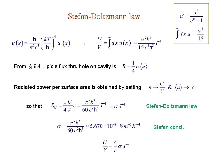 Stefan-Boltzmann law From § 6. 4 , p’cle flux thru hole on cavity is