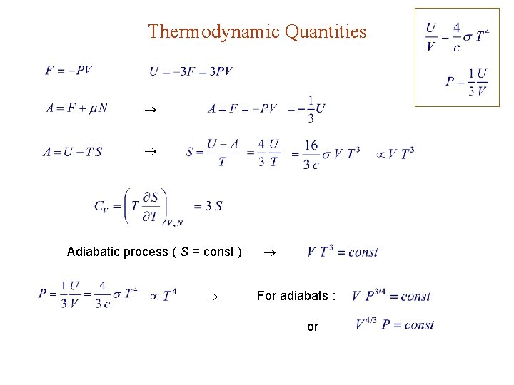 Thermodynamic Quantities Adiabatic process ( S = const ) For adiabats : or 