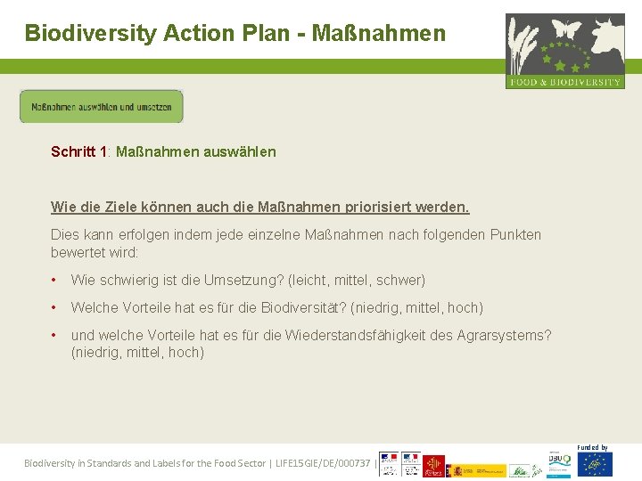 Biodiversity Action Plan - Maßnahmen Schritt 1: Maßnahmen auswählen Wie die Ziele können auch