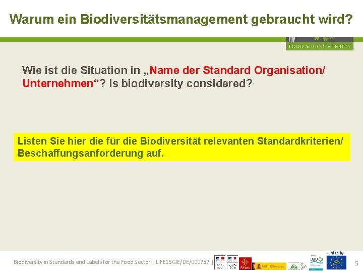 Warum ein Biodiversitätsmanagement gebraucht wird? Wie ist die Situation in „Name der Standard Organisation/